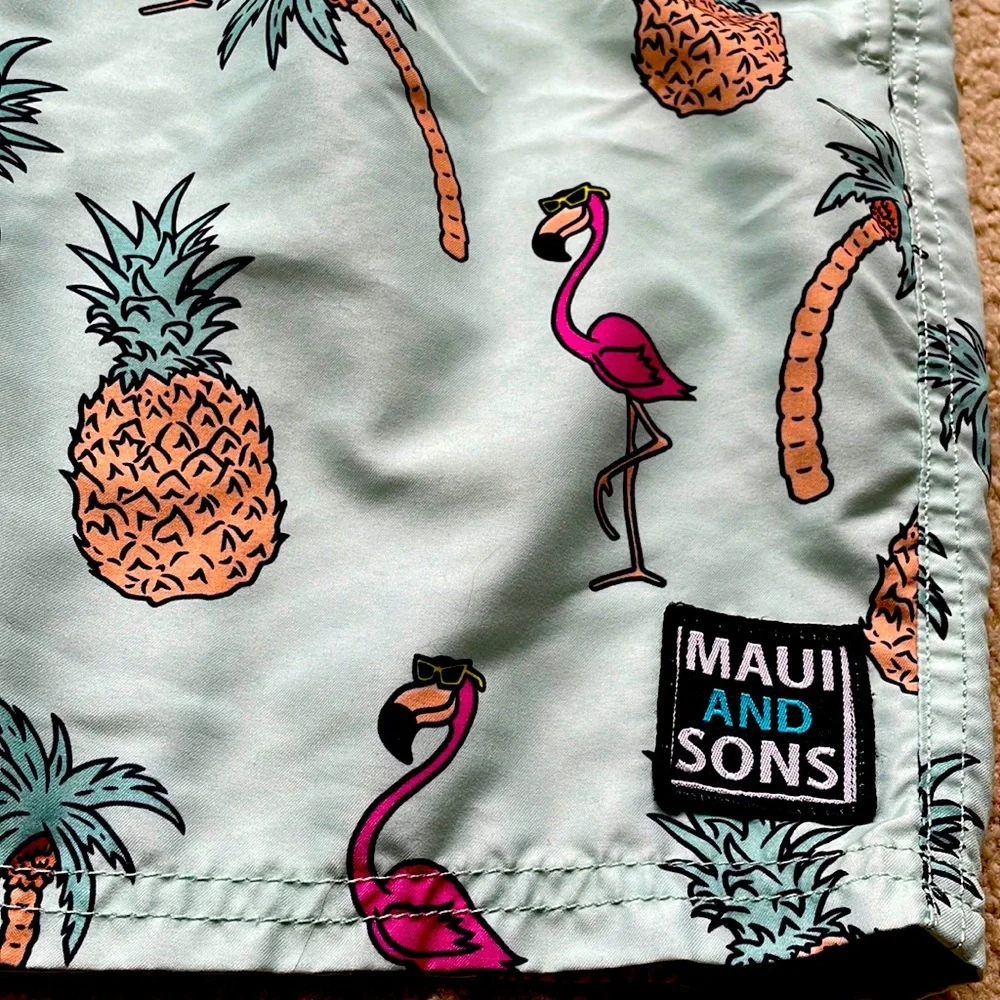 💙 Maui and Sons Board Shorts Swim Trunks Retro Surf Pineapple Mint Green - Picture 2 of 7